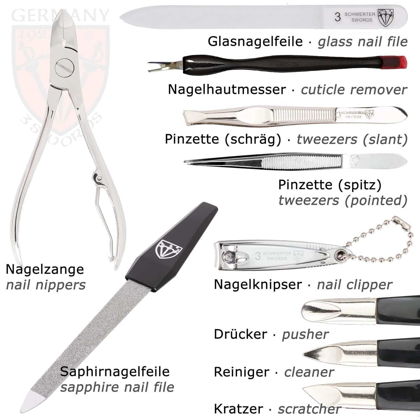 3 Swords Germany – brand quality 12 piece manicure pedicure grooming kit set for professional finger & toe nail care with ostrich synthetic leather case - Made in Germany