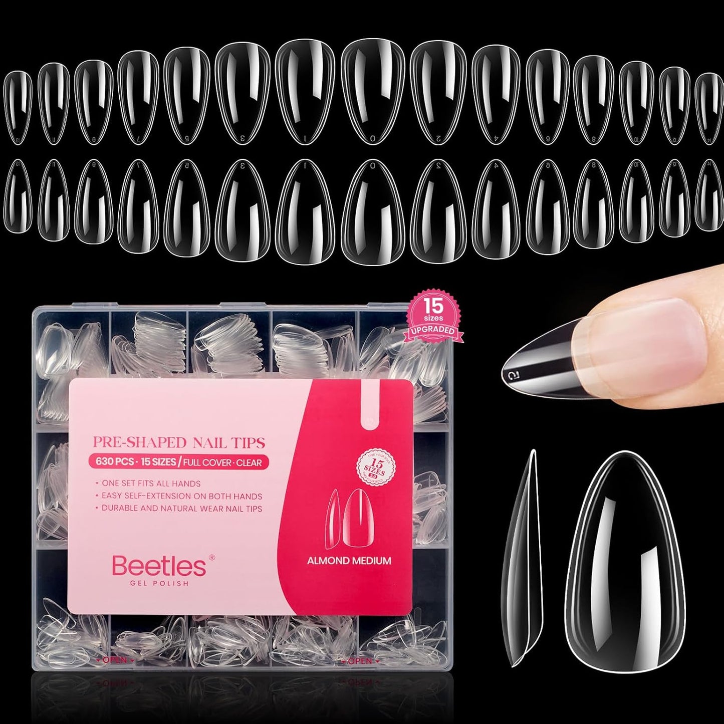 Beetles Gel Nail Tips Medium Almond: 15 Sizes 630Pcs Easy Nail Extension, Full Cover Clear Soft Nail TipsAcrylic Press On False Nails for Gel Nail Polish Gifts for Women