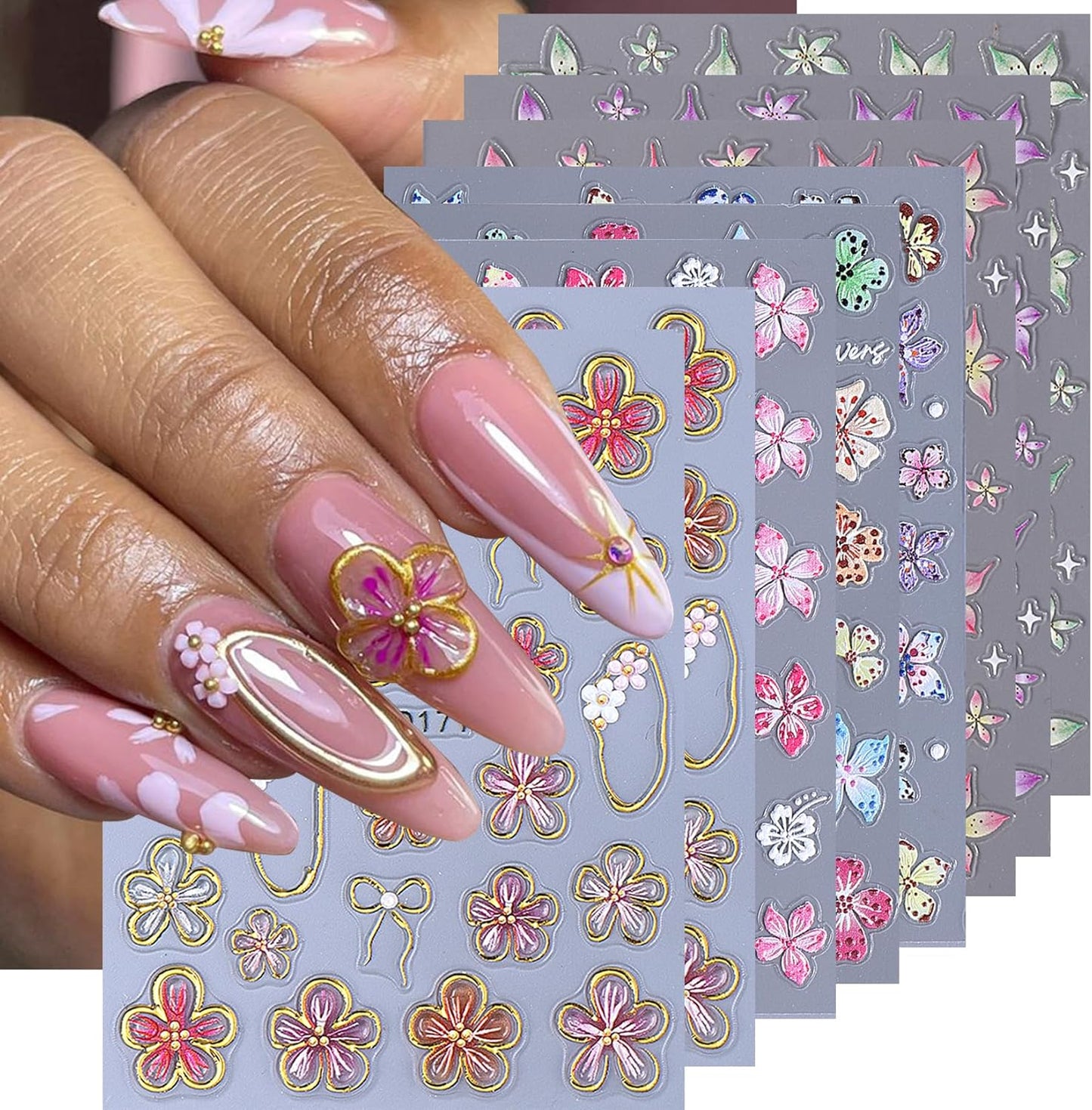 5D Flower Nail Stickers Decals 8PCS Hawaii Hibiscus Nails Art Designs Self Adhesive Embossed Tropical Floral Petals Charms Vacation Stickers Decoration for Women Nail Supplies