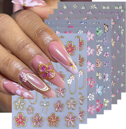 5D Flower Nail Stickers Decals 8PCS Hawaii Hibiscus Nails Art Designs Self Adhesive Embossed Tropical Floral Petals Charms Vacation Stickers Decoration for Women Nail Supplies