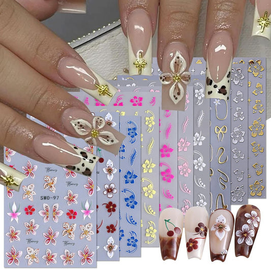 Flower Fall Stickers for Nails 10 PCS Brown Hibiscus Nail Art Decals 3/5D Self-Adhesive Pink Blue White Flowers Stickers Beach Autumn Nail Design DIY Charms Manicure Decoration Nail Supplies