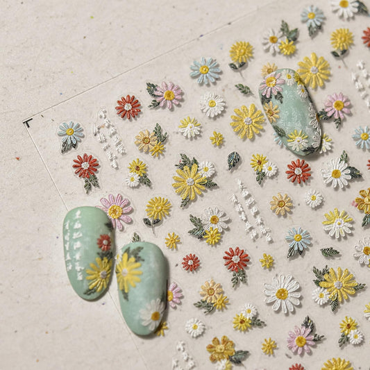 Colorful Daisy Nail Art Stickers 5D Embossed Daisy Nail Stickers Self Adhesive Cute Flower Nails Decals White Floral Design Sticker Spring Summer Nails Supplies for Women DIY Manicure