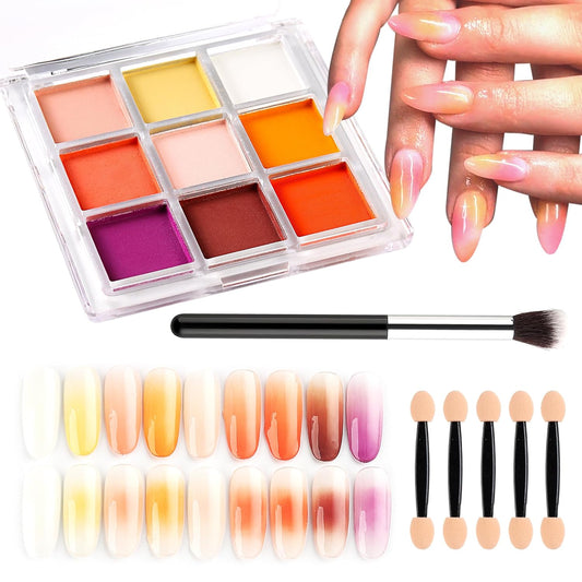 Pigment Powder for Nails 9 Colors Nail Pigment Palette Gradient Ombre Nail Powder Nail Art Design Fine Solid Neon Powder for DIY Manicure Beginners -Includes 5 Sponge Sticks 1 Brush #09