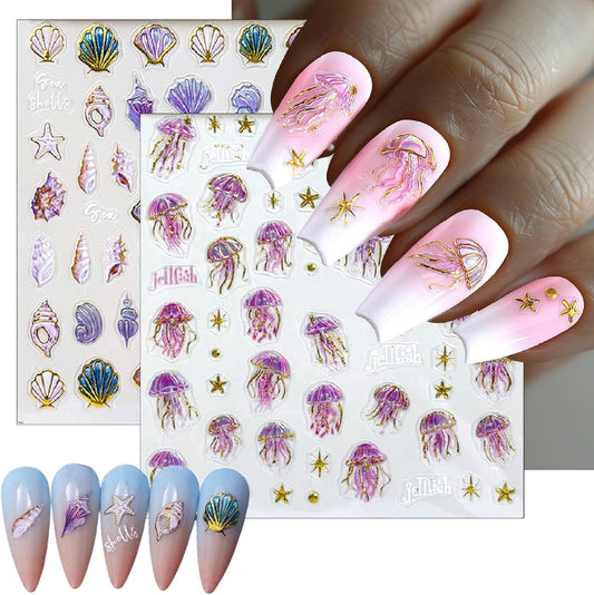 2 Sheets Summer Nail Art Stickers 5D Embossed Beach Shell Starfish Cute Dolphin Mermaid Pearl Jellyfish Designs Self Adhesive Nails Supplies Blue Summer Sea Theme Manicure Decorations for Women