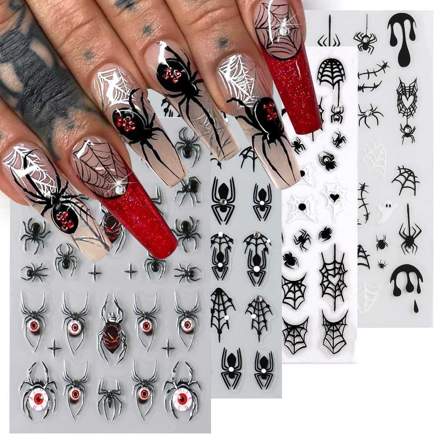 4 Sheets Halloween 5D Embossed Spider Nail Stickers for Nail Art Exquisite Glitter Rhinestones Nail Design Stickers Self-Adhesive Evil Eye Nail Decals Holiday Nail Art Decoration for Women DIY Set