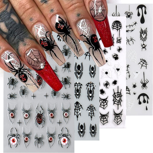 4 Sheets Halloween 5D Embossed Spider Nail Stickers for Nail Art Exquisite Glitter Rhinestones Nail Design Stickers Self-Adhesive Evil Eye Nail Decals Holiday Nail Art Decoration for Women DIY Set