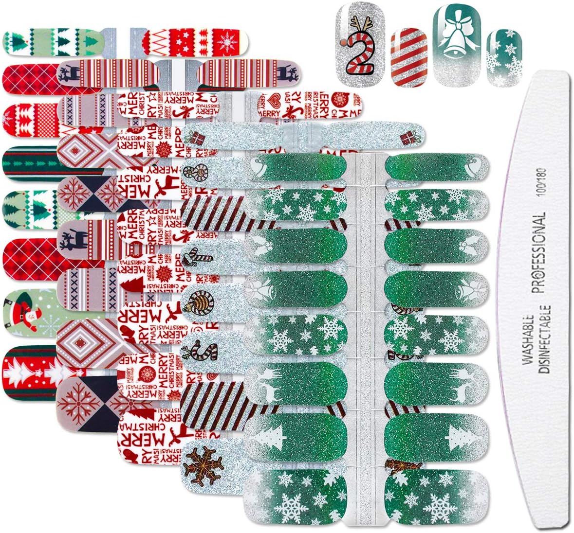 WOKOTO 5 Sheets Christmas Adhesive Nail Art Polish Stickers Tips with 1Pc Nail File Snow Winter Nail Wraps Decals Manicure Accessories