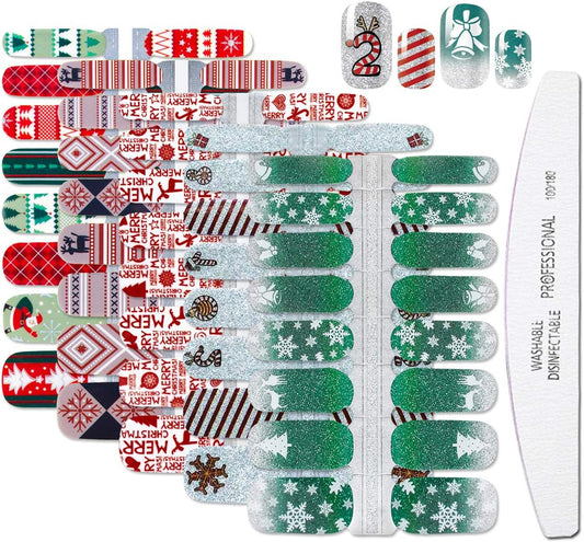 WOKOTO 5 Sheets Christmas Adhesive Nail Art Polish Stickers Tips with 1Pc Nail File Snow Winter Nail Wraps Decals Manicure Accessories