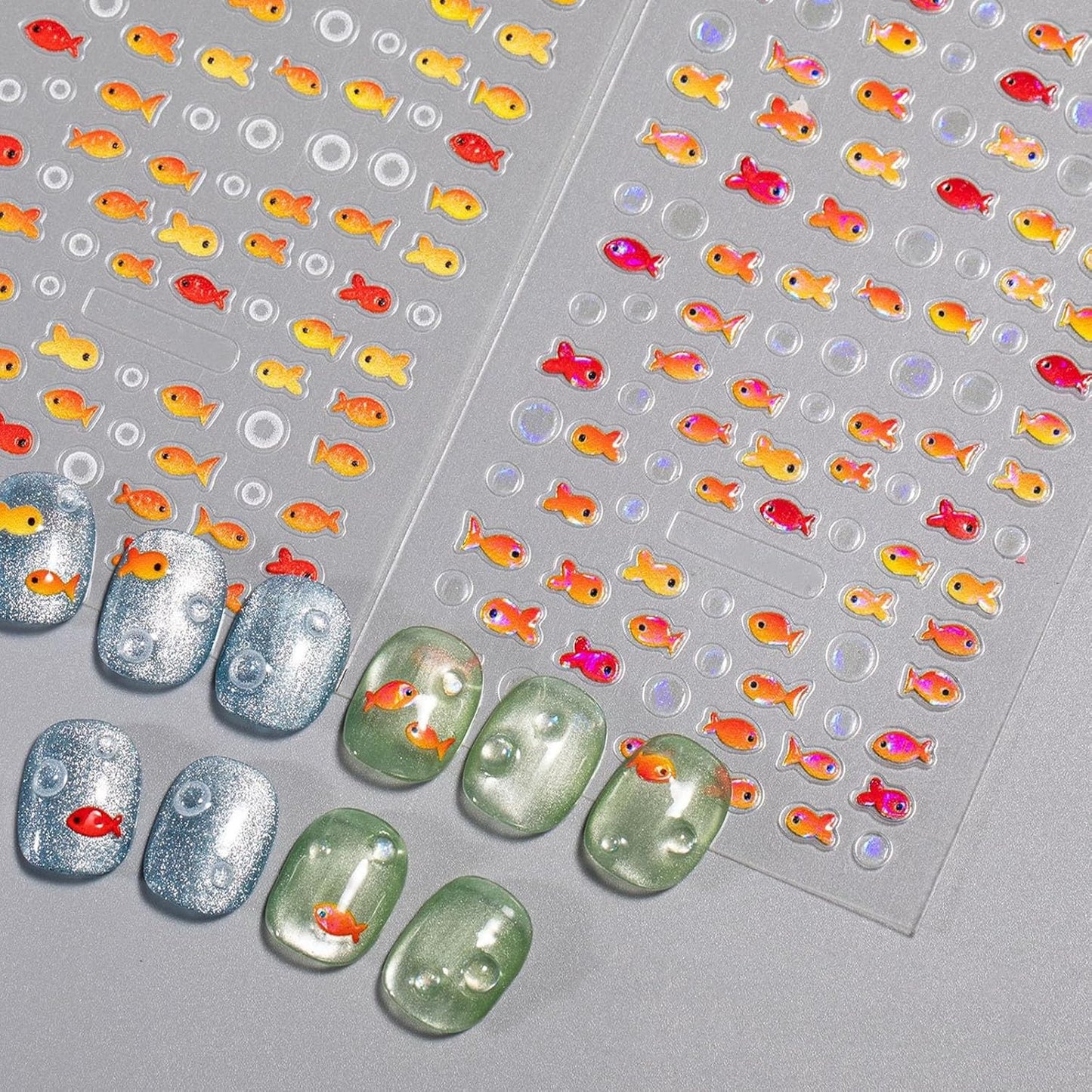2 Sheets Red Fish Nail Art Stickers, 5D Embossed Jelly Bubble Goldfish Nail Decals Self Adhesive Koi Fish Design Manicure Sticker for Women Girls Summe Nail Accessories