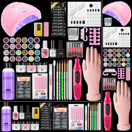 Acrylic Nail Kit for Beginners: Monomer Acrylic Nail Liquid Powder with Practice Hand U V Light Drill French Tips Training Mat for Nail Starters with Everything Home Salon Gift Set (Pink)