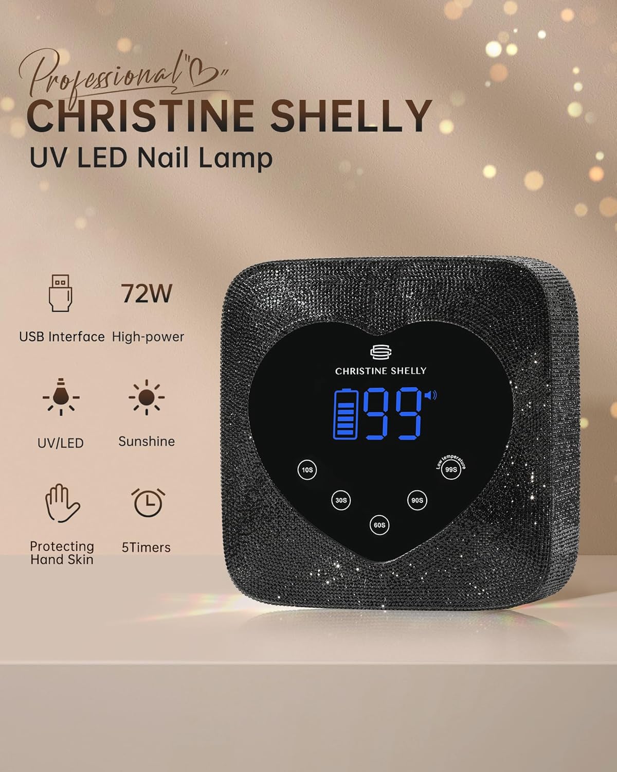 UV LED Nail Lamp 72W Rechargeable Sparkly Wireless Nail Dryer Gel Polish Light with 5 Timer Setting Professional Quick Dry Curing Lamp with Display Auto Sensor for Salon & Home, Black