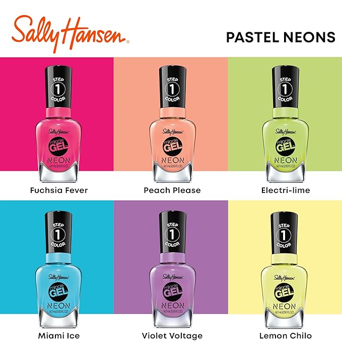 Sally Hansen Miracle Gel Neons Salon Quality Nail Polish | Gel-Like Formula, Two-Step System, No UV Light Needed, Long Lasting | Opaque | 51 Peach Please| Neon Peach Nail Color