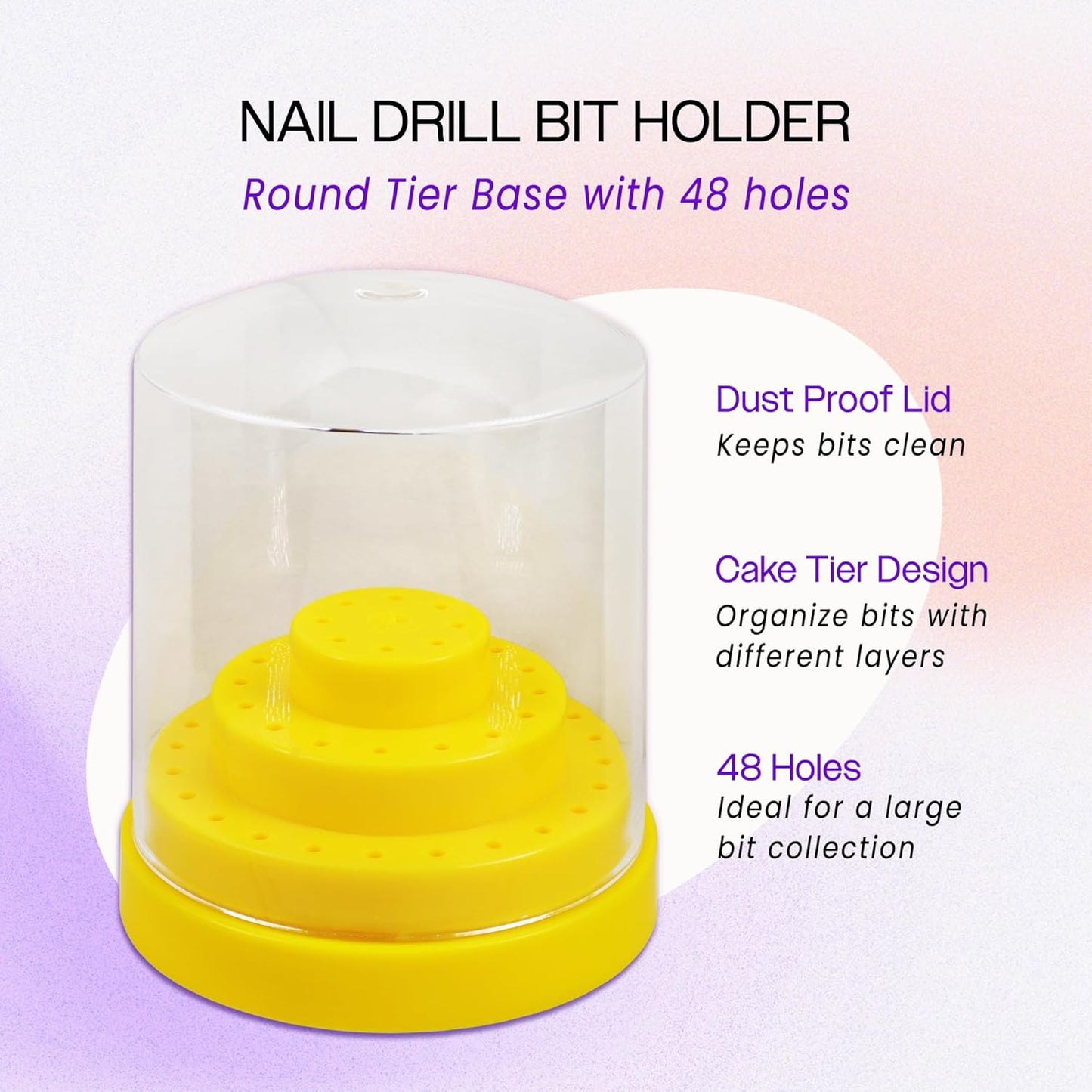 PANA Round Cake Tier Nail Drill Bit Holder Display Organizer Case - Dustproof Carbide Bit Storage Container Box For Manicure Tools Nail Salon - 48 Holes Yellow (Drill Bits Not Included)
