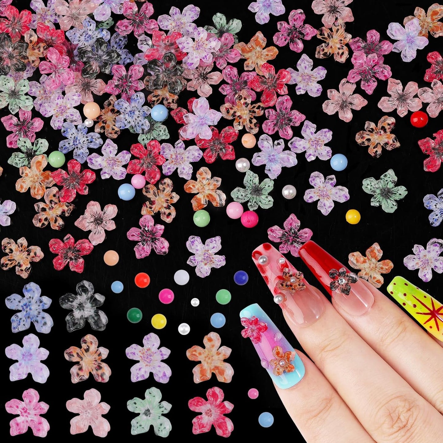 300Pcs Flower Nail Charms Kit, 100Pcs 3D Jelly Mini Hawaii Flowers Charms and 100Pcs Nail Pearls with 100Pcs Macaron Beads, Colorful Hibiscus Floral Tiny Gems Round Beads for Nails Design