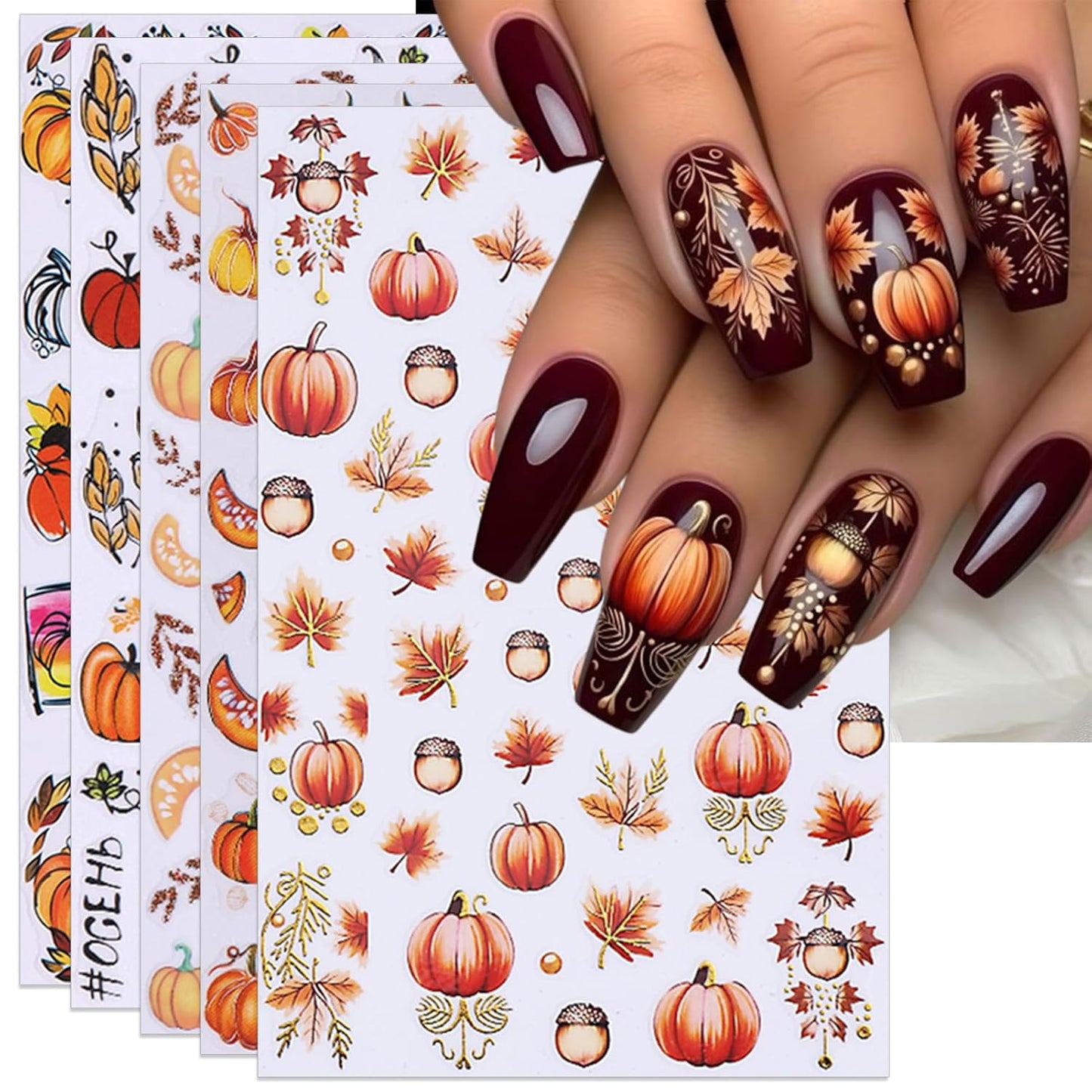 Fall Nail Stickers - Autumn Glitter Pumpkin Leaf Self-Adhesive 3D Nail Decals for Women Girls DIY Thanksgiving Day Manicure (5 Sheets)