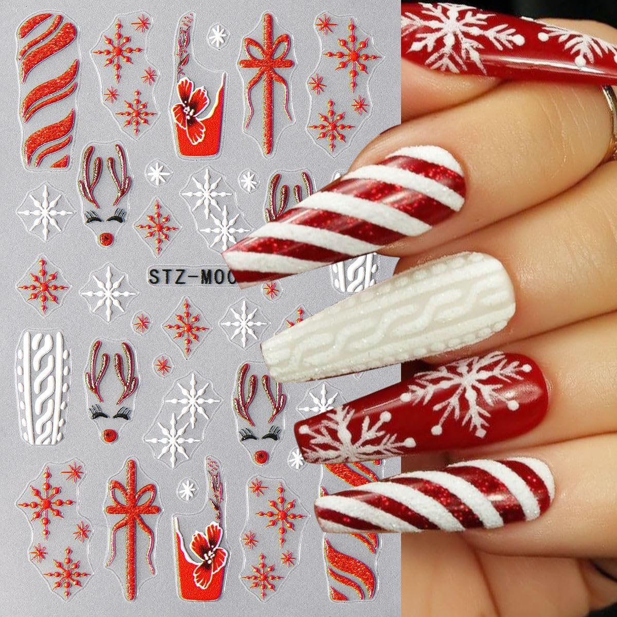 French Snowflake Christmas Bow Nail Art Stickers 3D Embossed Gingerbread Man Christmas Hat Cute Elk Acrylic Nail Decals Women Girls DIY Nail Salon 6 Sheets