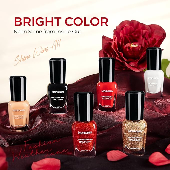 Morovan Nail Polish Set Fingernail: Red Black White Glitter Christmas Bright Nude Gold Nail Polish Kit Shimmer Sparkle Air Quick Dry Nail Pack for Nail Art Manicure 2025 Summer Holiday Gift for Women