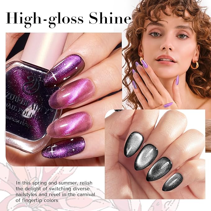 AZUREBEAUTY Cat Eye Nail Polish Set Quick Dry Mooncat Glitter Holographic Purple Black Red 4 Colors Natural Fingernail with Top Coat DIY Salon Home no Gel