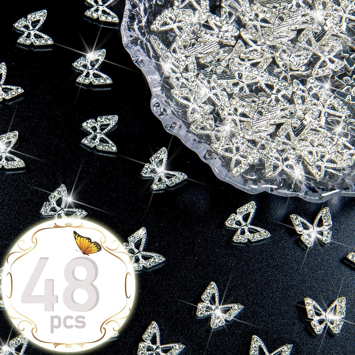 48pcs Silver Butterfly Nails Charms Bulk 3D Rhinestones Alloy Studs Nail Art Jewels Diamonds Gems Decor Supplies