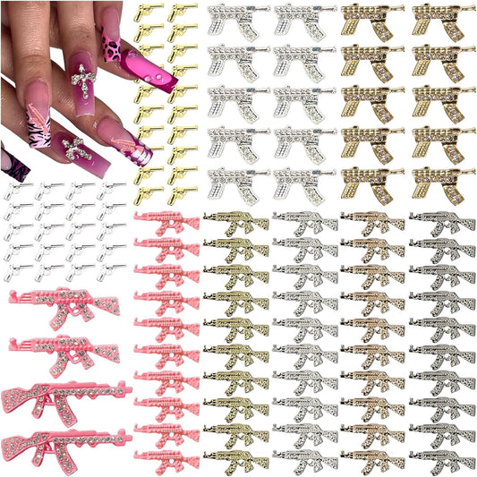 114PCS Gun 3D Nail Charms for Acrylic Nails, Gold Silver Alloy Nail Gems Small Pistol Machine Gun Nail Accessories, Nail Rhinestones for Nail Art Supplies Manicure Craft DIY
