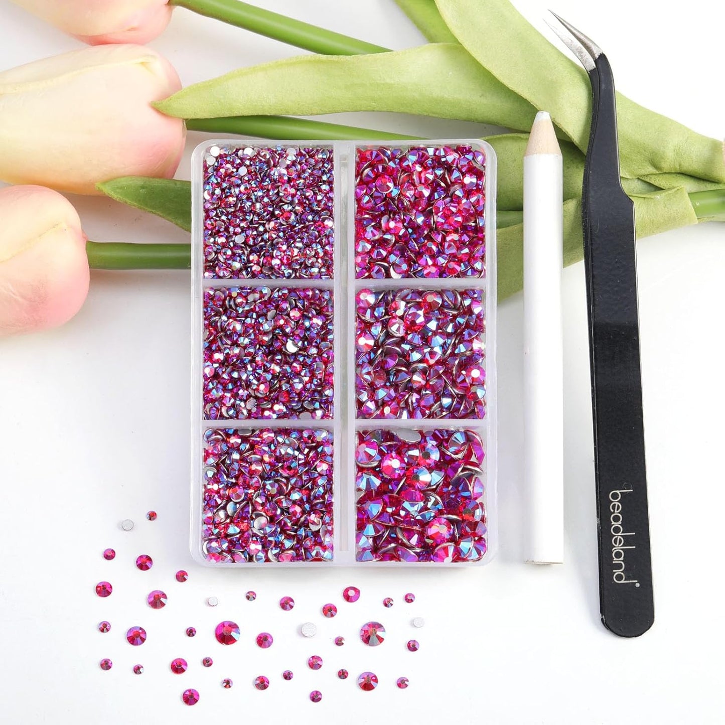 Beadsland 4300pcs Flatback Rhinestones, Red AB Rhinestone Nail Gems Round Crystal Rhinestones for Crafts,Mixed 6 Sizes with Picking Tweezers and Wax Pencil Kit, SS6-SS20, Light Siam AB