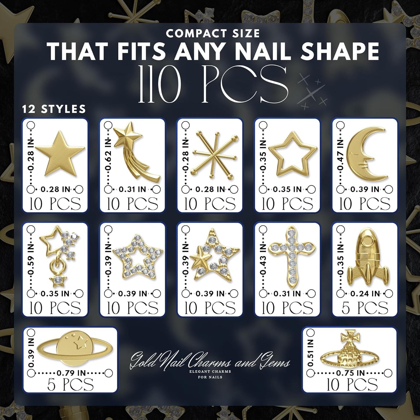 110 Pcs Gold Nail Charms and Gems – Complete Art Kit with Gold Star Nail Charms, Planets, Moon, Crosses & Rocket – Designed for Creating Detailed, Custom Designs with Easy Application