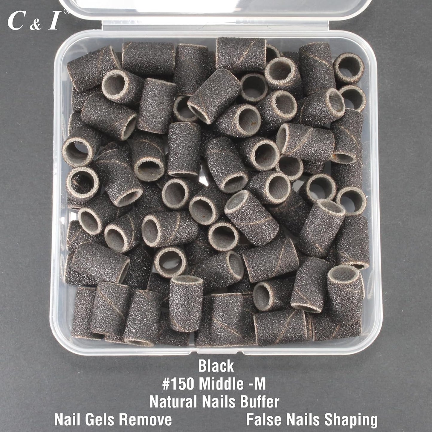 C & I Nail Sanding Bands 100 PCS Plus Upgrade Mandrel 1 PC, Nail Drill Bits for Acrylic Gel Nails Remove, Natural Nails Buffer for Nail Prep and Nail Shiner (Black, #150 Middle)