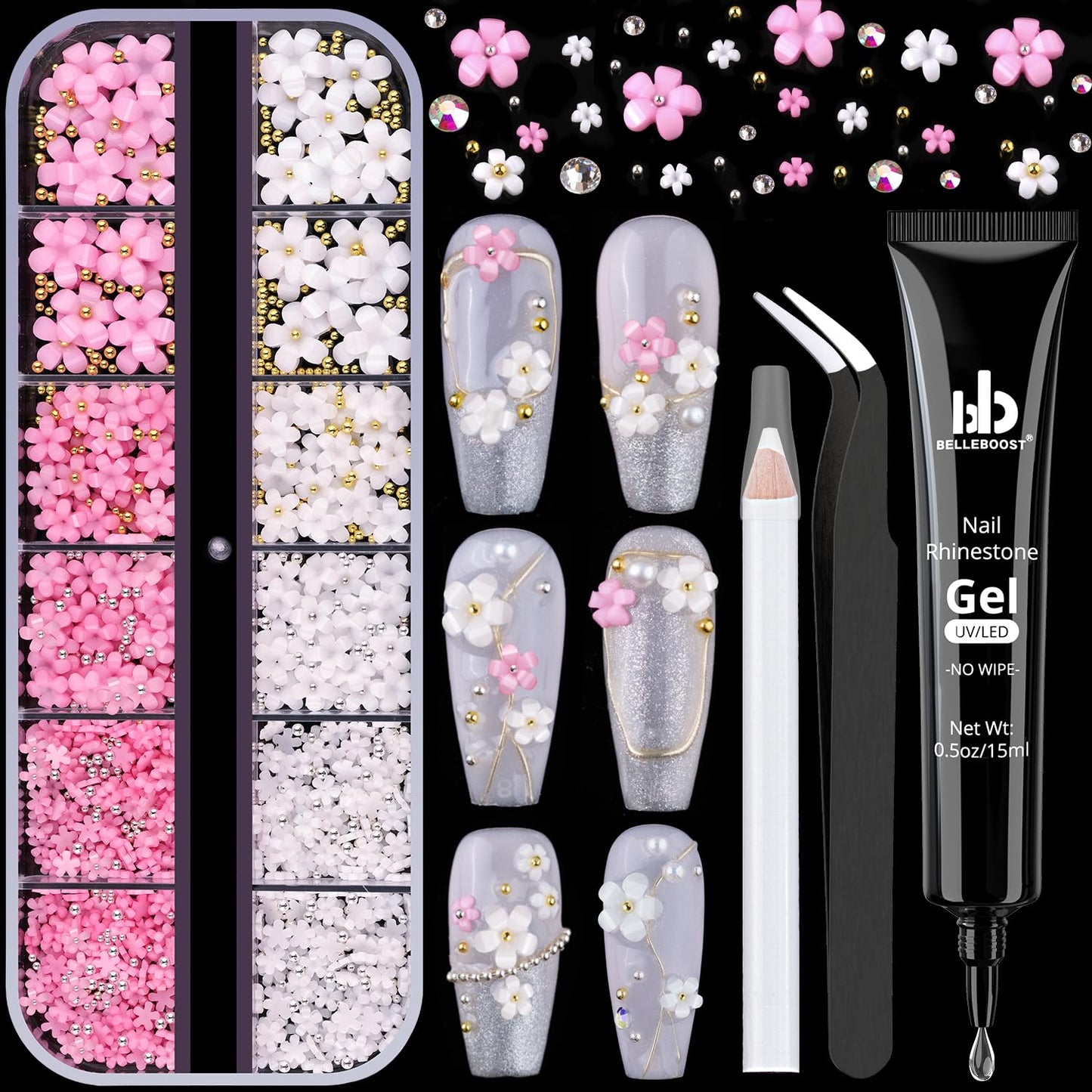 BELLEBOOST 3D Flowers Manicure Gems with Nail Rhinestone Glue Gel, White Pink Acrylic Flower Charms Caviar Beads, Rhinestones for Nails Gem (UV/LED Needed) Dotting Tools