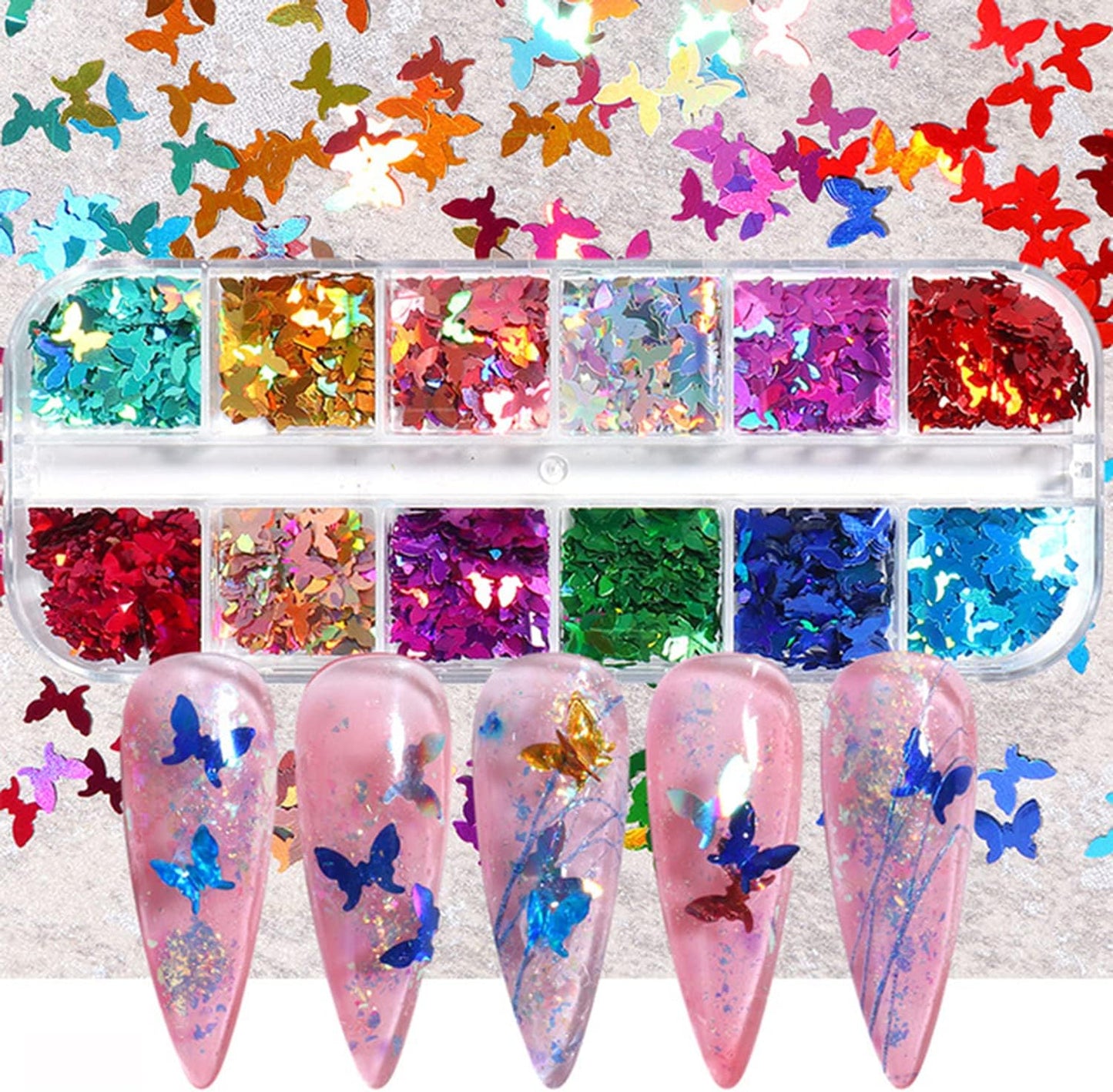 Laser Glitter Butterfly Nail Art Sequins, 3D Butterflies Sparkly Flakes Decoration-12 Colors Holographic Butterfly Shiny Design Supplies for Fingernail and Toenail Nail Accessories DIY Face Makeup