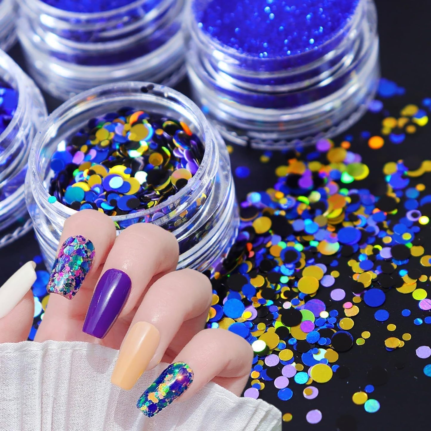 Snowflake Nail Art Glitter Blue Winter Nail Sequins Flakes, Blue Manicure fine Glitter Powder, 3D Holographic Heart Round Hexagon Butterfly Nail Stickers Decals Supplies Nail Charms for Women 6 Box