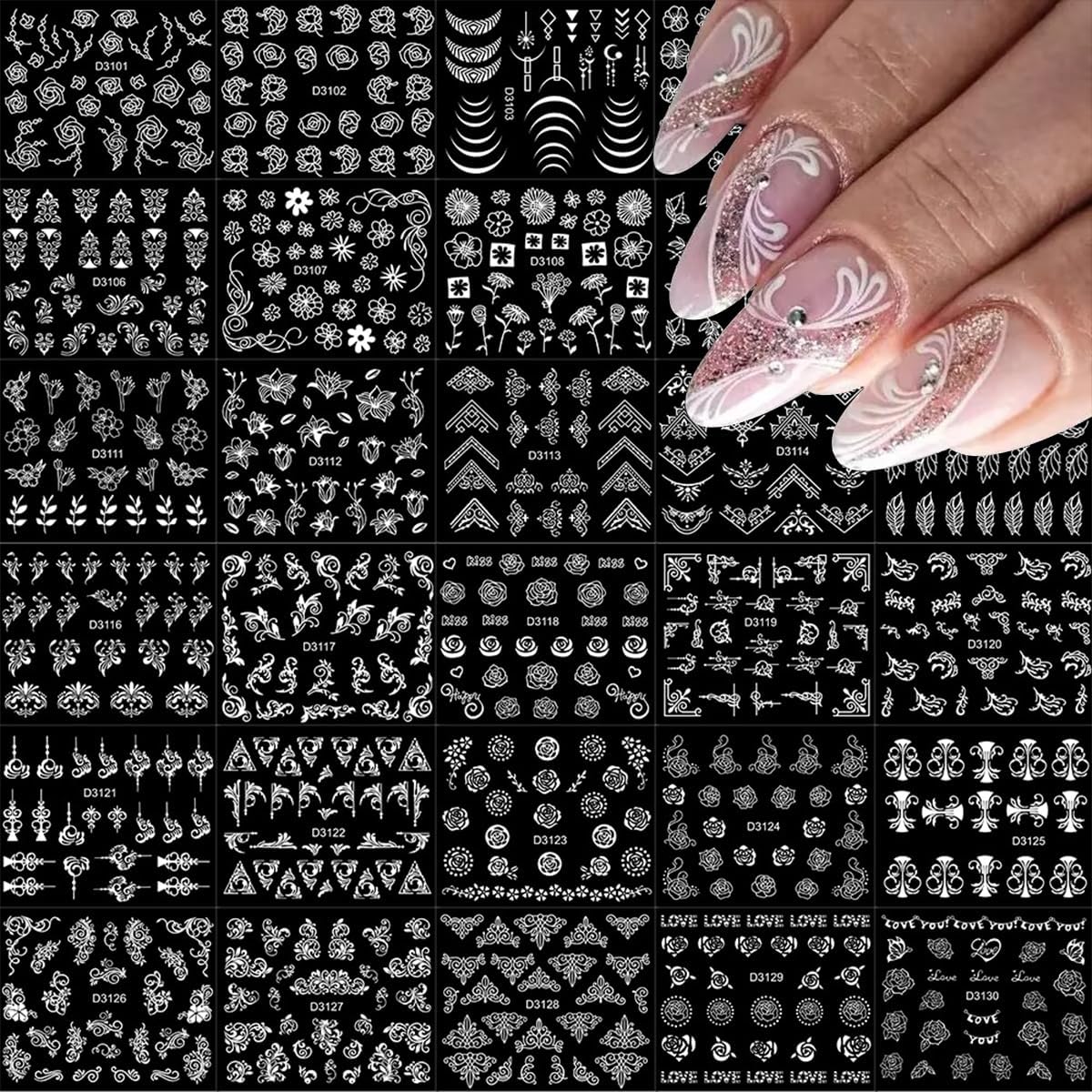 90 Sheets Flower Nail Stickers 3D Self-Adhesive Gold White Black Nail Decals Lace Retro Floral Leaf Nail Art Designs for Women and Girls Nail Art Decoration Accessories with Nail Tweezer