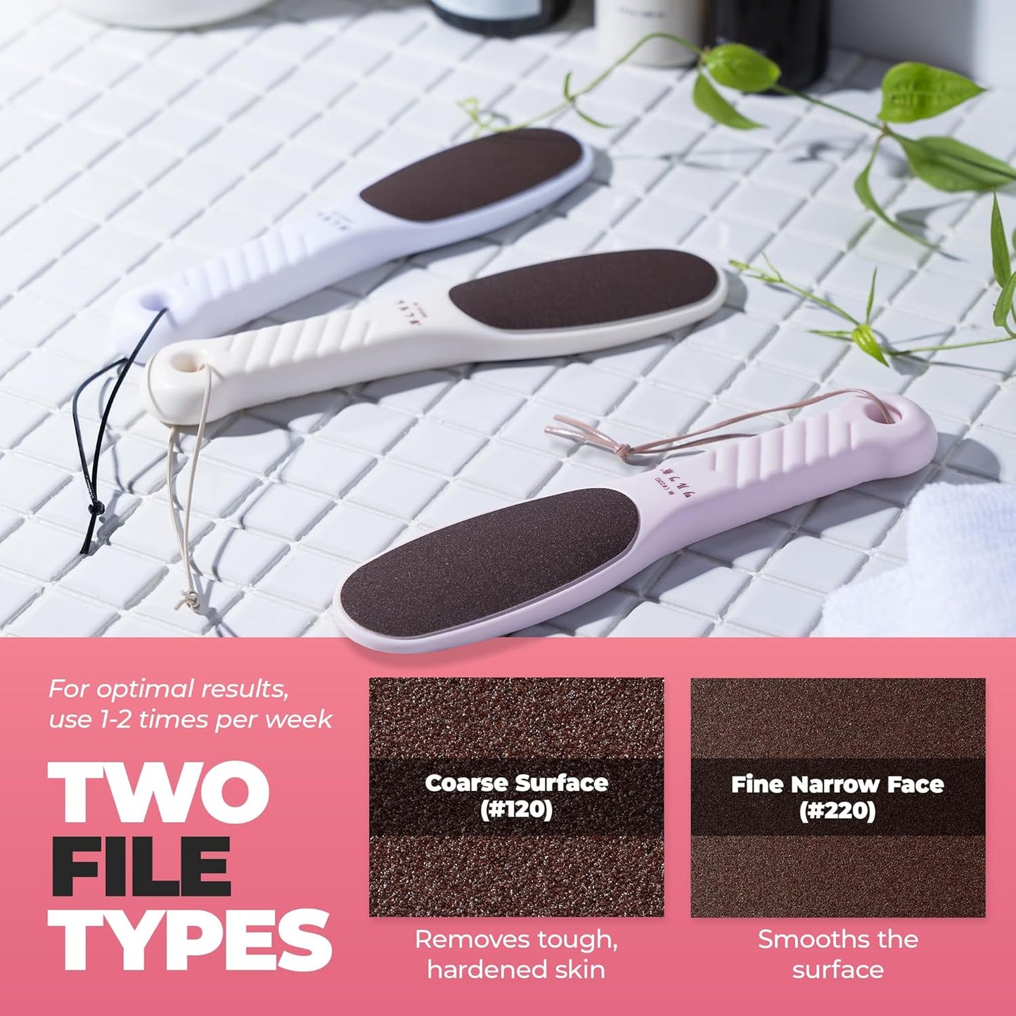 TSURULABO - Foot File, Dual-Sided (Coarse & Fine), Water-Resistant Alternative to a Foot Scrubber or Pumice Stone for Feet, Heel Scrubber for Grooming, Pink Dry Skin Callus Remover with Hanging Loop