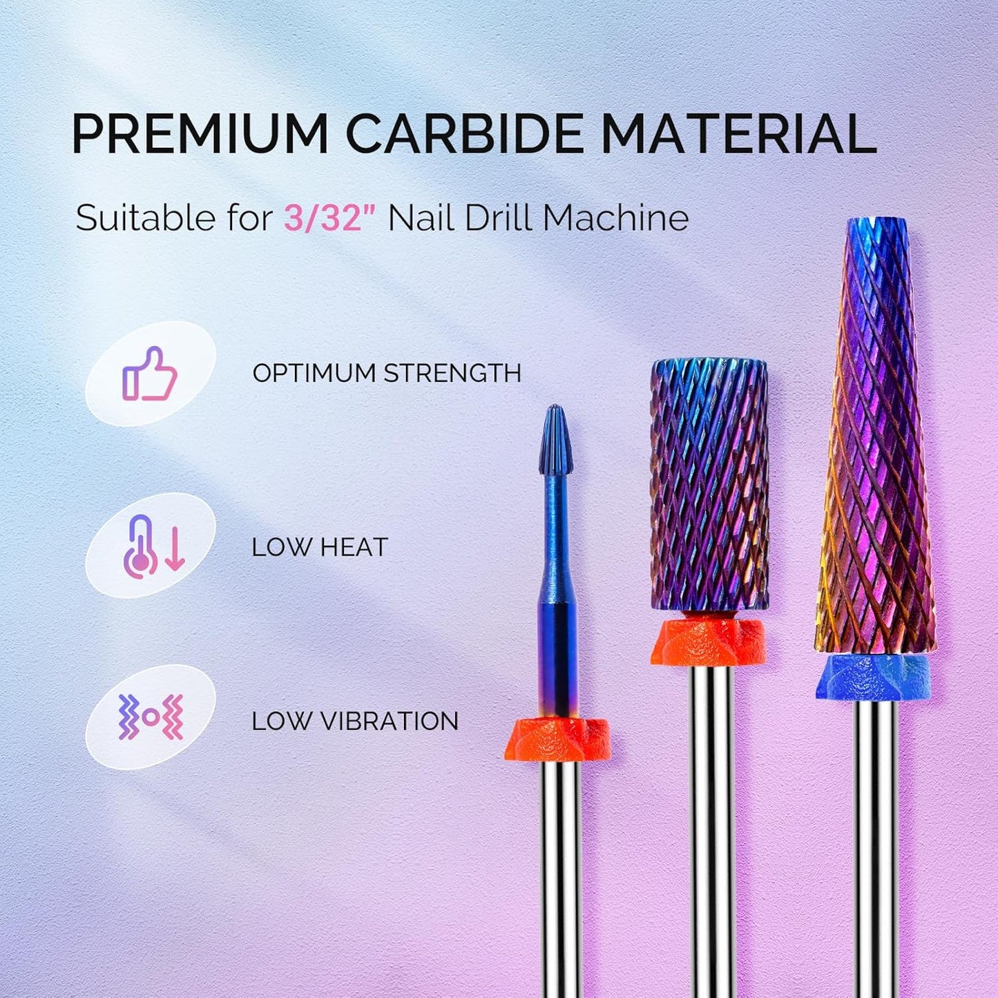 MelodySusie 3Pcs Nail Drill Bits Set, 3/32'' Carbide Tungsten Bits, Super Long 5 in 1, Flat Top Large Barrel and Cuticle Bits, Suitable for Manicure Pedicure Cuticle Gel Acrylic Remover, Purple