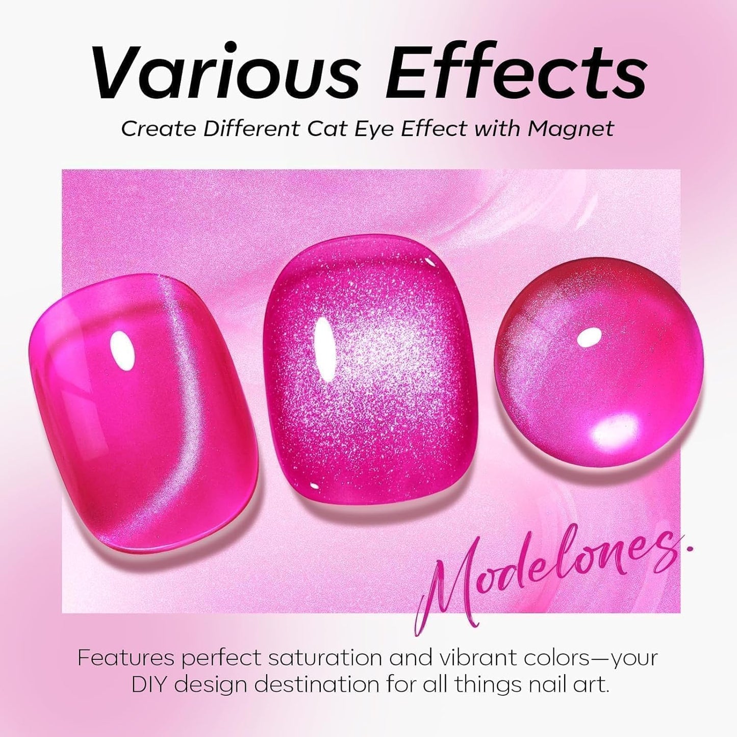 modelones Glassy Cat Eye Gel Nail Polish Glitter Holographic Hot Pink Cat Eye Pink Shimmer Reflective Translucent U v Gel Magnetic Nail Polish Top Coat for Women Girl 15ML