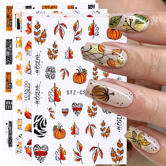 JMEOWIO 9 Sheets Fall Nail Art Stickers Decals Self-Adhesive Autumn Pumpkin Maple Leaf Nail Supplies Nail Art Design Decoration Accessories