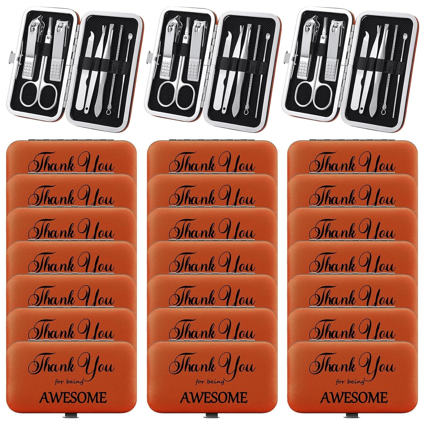 Therwen 24 Sets Manicure Set Nail Clippers 8 in 1 Stainless Steel Grooming Nail Kit Thank You Appreciation Gift Professional Pedicure Tool for Men Women Personal Care(Brown)