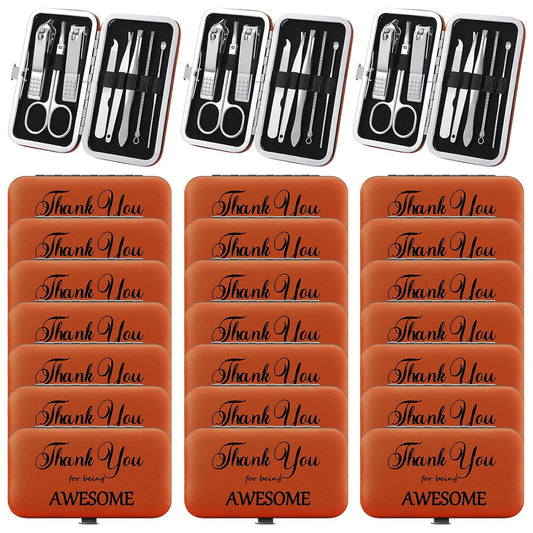 Therwen 24 Sets Manicure Set Nail Clippers 8 in 1 Stainless Steel Grooming Nail Kit Thank You Appreciation Gift Professional Pedicure Tool for Men Women Personal Care(Brown)