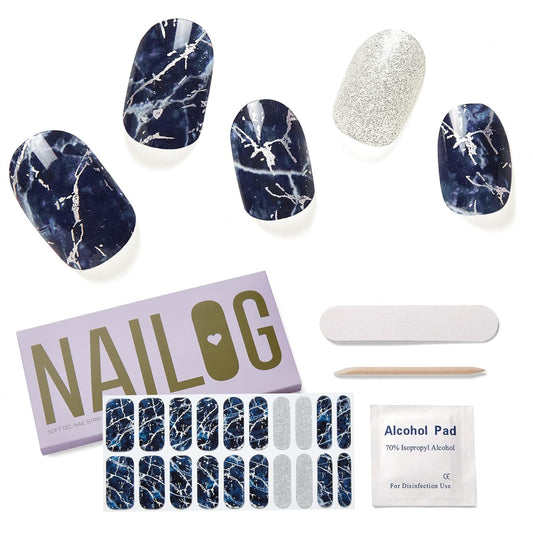 NAILOG Semi Cured Gel Nail Strips (20 Extra Long Polish Stickers/Wraps) │ Glossy & Long Lasting Soft Gel Finishing (Stormy Night)