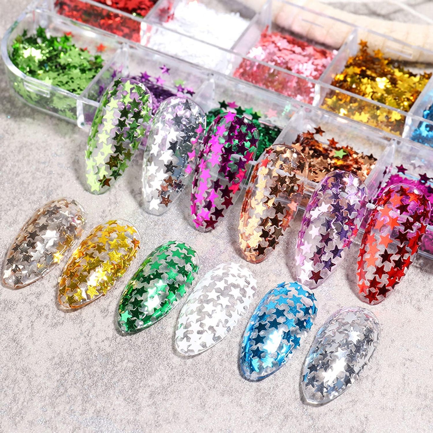 12 Colors Stars Nail Art Stickers Star Nail Glitter Sequins 3D Nail Art Decor Holographic Stars Shape Flakes Nail Design for Women Manicure Tips DIY Nail Charms Decorations Acrylic Nails Supply Kit