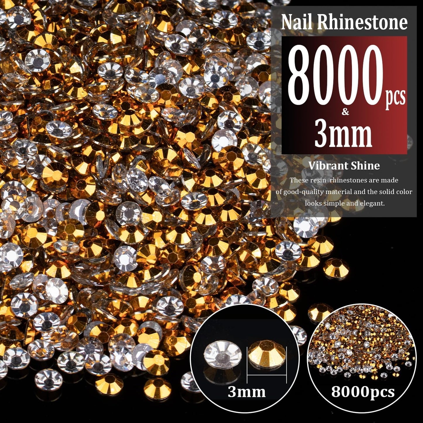 8000pcs 3mm Resin Rhinestones Bulk, Mineral Gold Flatback Round Jelly Rhinestones Bedazzling Non Hotfix Crystal Gems Large Quantity Wholesale for DIY Crafts Clothes Tumblers Face Makeup Manicure