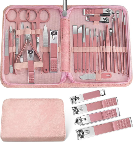 Women Manicure kit Professional sat Nail Set kit Pedicure Kit 30 in 1 Nail Clippers for Women Grooming Nail Care kit with Luxurious Travel Case Pink