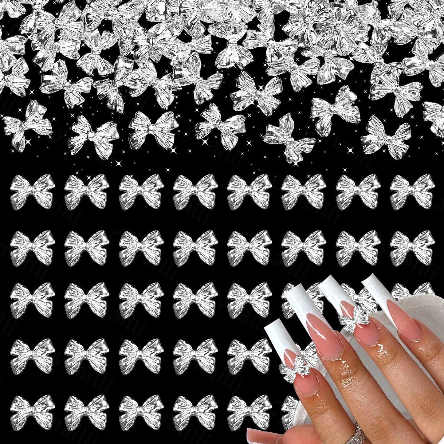 80 Pcs Silver Alloy Bow Nail Charms, 3D Metal Bowknot Nail Jewelry, Nail Art Design DIY Accessories