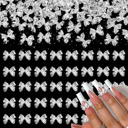 80 Pcs Silver Alloy Bow Nail Charms, 3D Metal Bowknot Nail Jewelry, Nail Art Design DIY Accessories