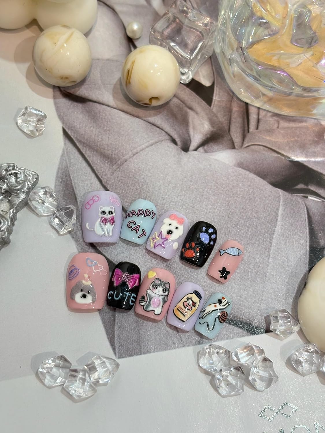 Cute Style Japanese Inspired Embossed Cute Dogs Adorable Cats Tanuki DIY Nail Stickers - Everyday Nail Art Decorations A Set of 4 Sheets