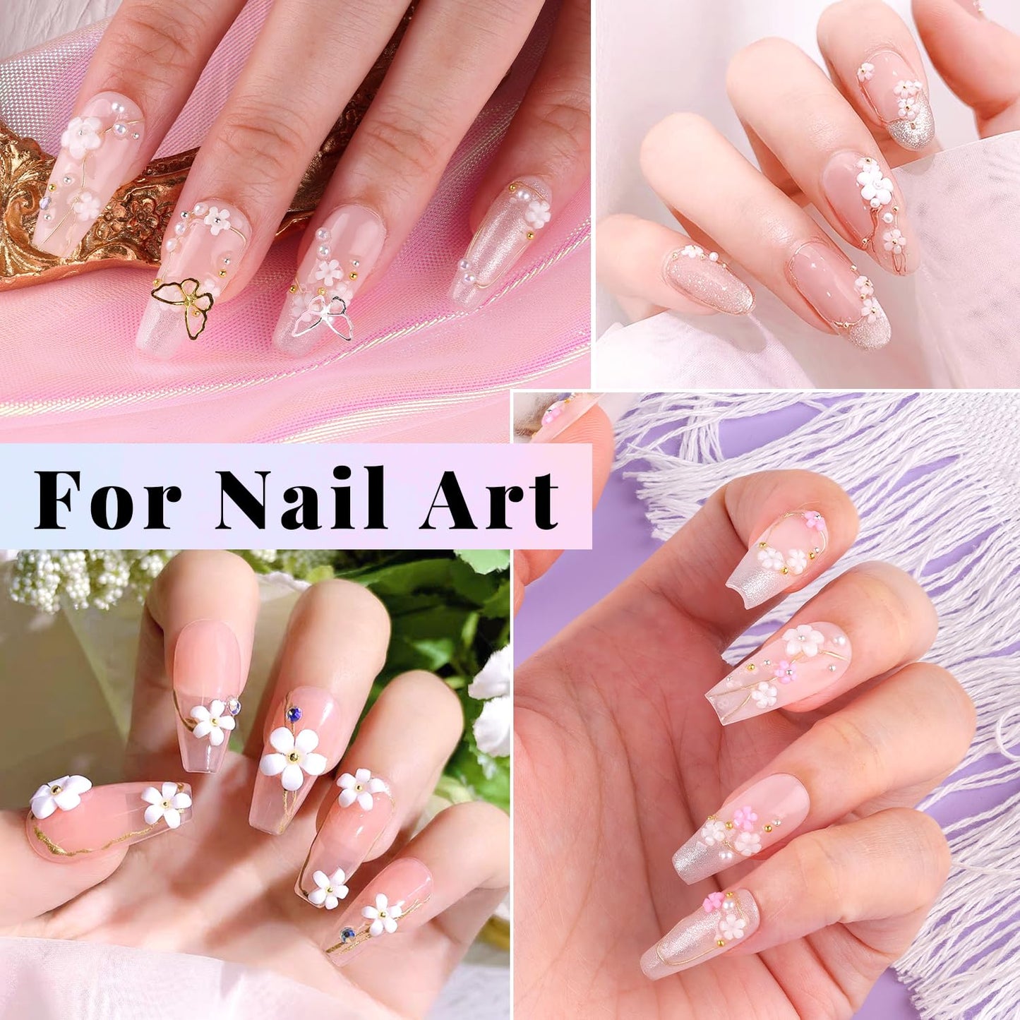 BELLEBOOST 3D Flowers Manicure Gems with Nail Rhinestone Glue Gel, White Pink Acrylic Flower Charms Caviar Beads, Rhinestones for Nails Gem (UV/LED Needed) Dotting Tools