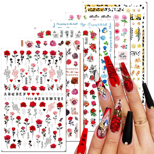 6 Sheets Flower Nail Art Stickers 3D Blue Pink Red Rose Nail Decals Spring Summer Nail Art Supplies Leopard Snake Leaf Butterfly Floral Nail Designs Supply Nail Stickers for Acrylic Nails Decor