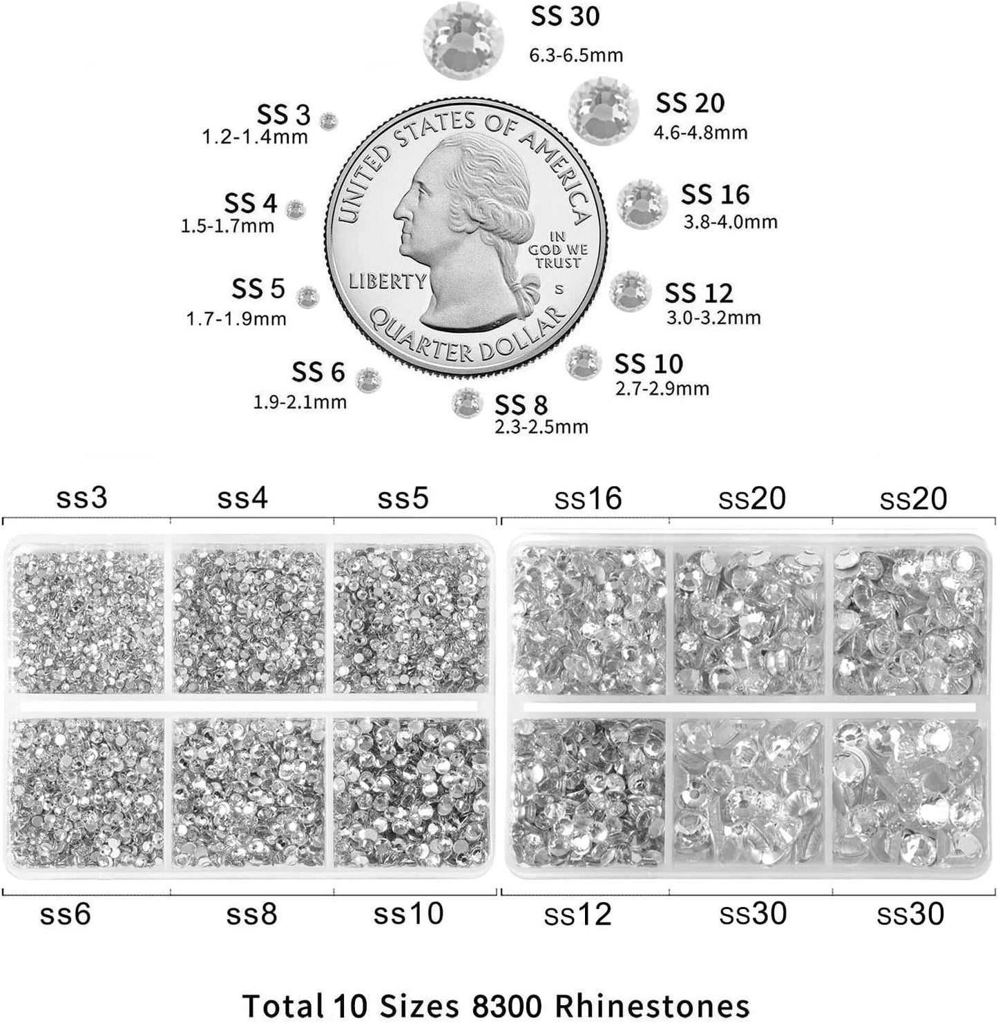 Beadsland 8300PCS Flatback Rhinestones, Clear Rhinestone Nail Gems Round Crystal Rhinestones for Crafts, Mixed 10 Sizes with Wax Pencil and Tweezer Kit, SS3-SS30, Crystal