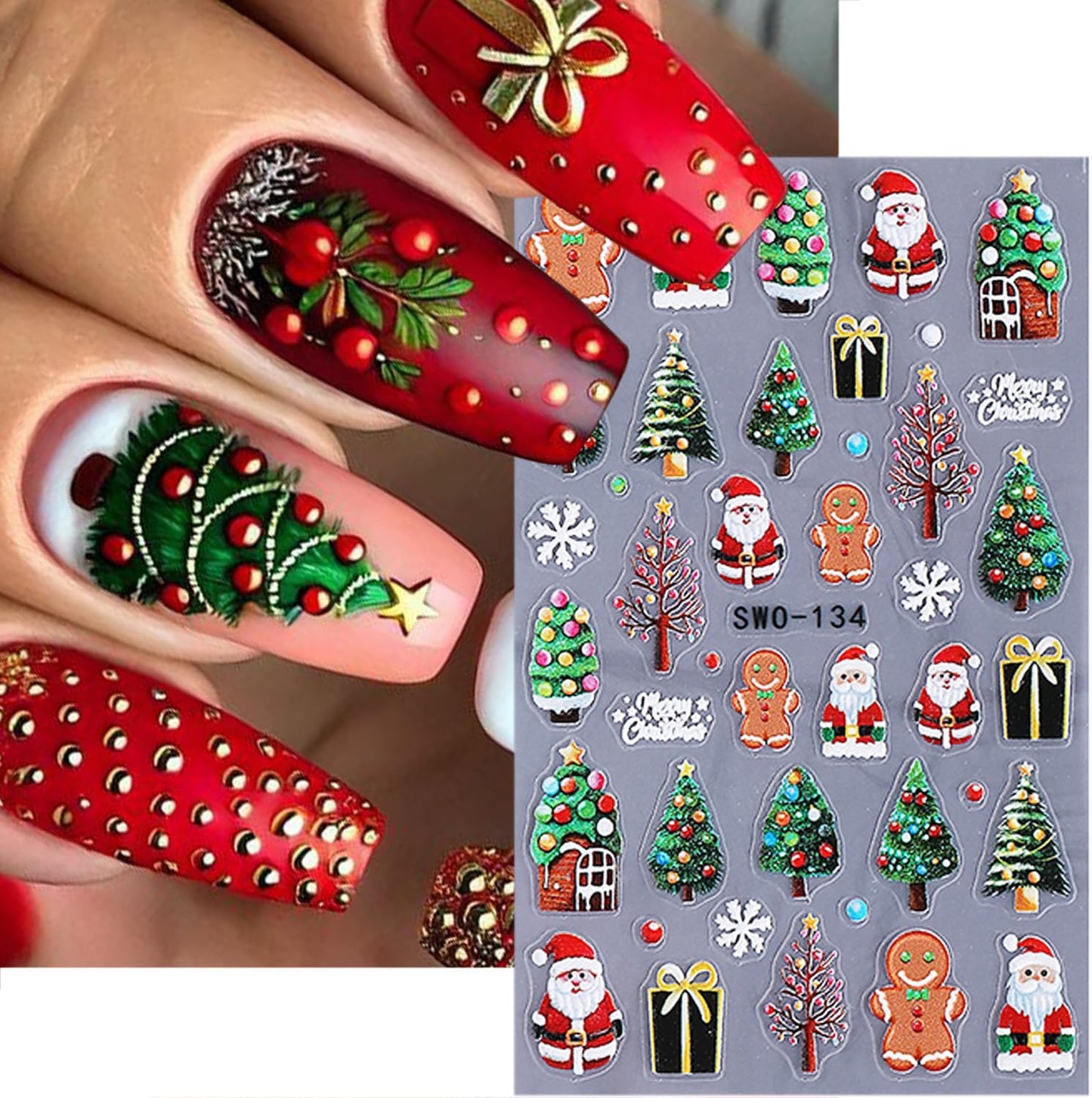 2 Sheets 5D Embossed Christmas Nail Stickers for Nail Art Self-Adhesive Santa Claus Nail Decals Winter Snowman Snowflake Nail Art Stickers Xmas Bow Light Strips Christmas Tree Nail Design for Women