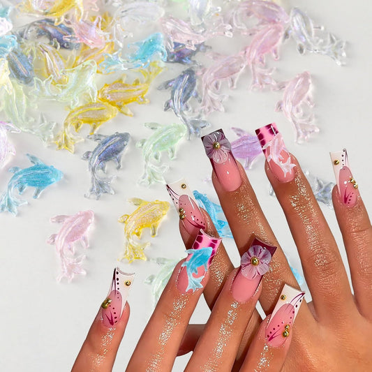 100PCS Beach Nails Charms, Summer Ocean Series 3D Resin Nail Rhinestone Mixed Dolphin Nail Gem for Women Girls Manicure DIY Crafts Accessories