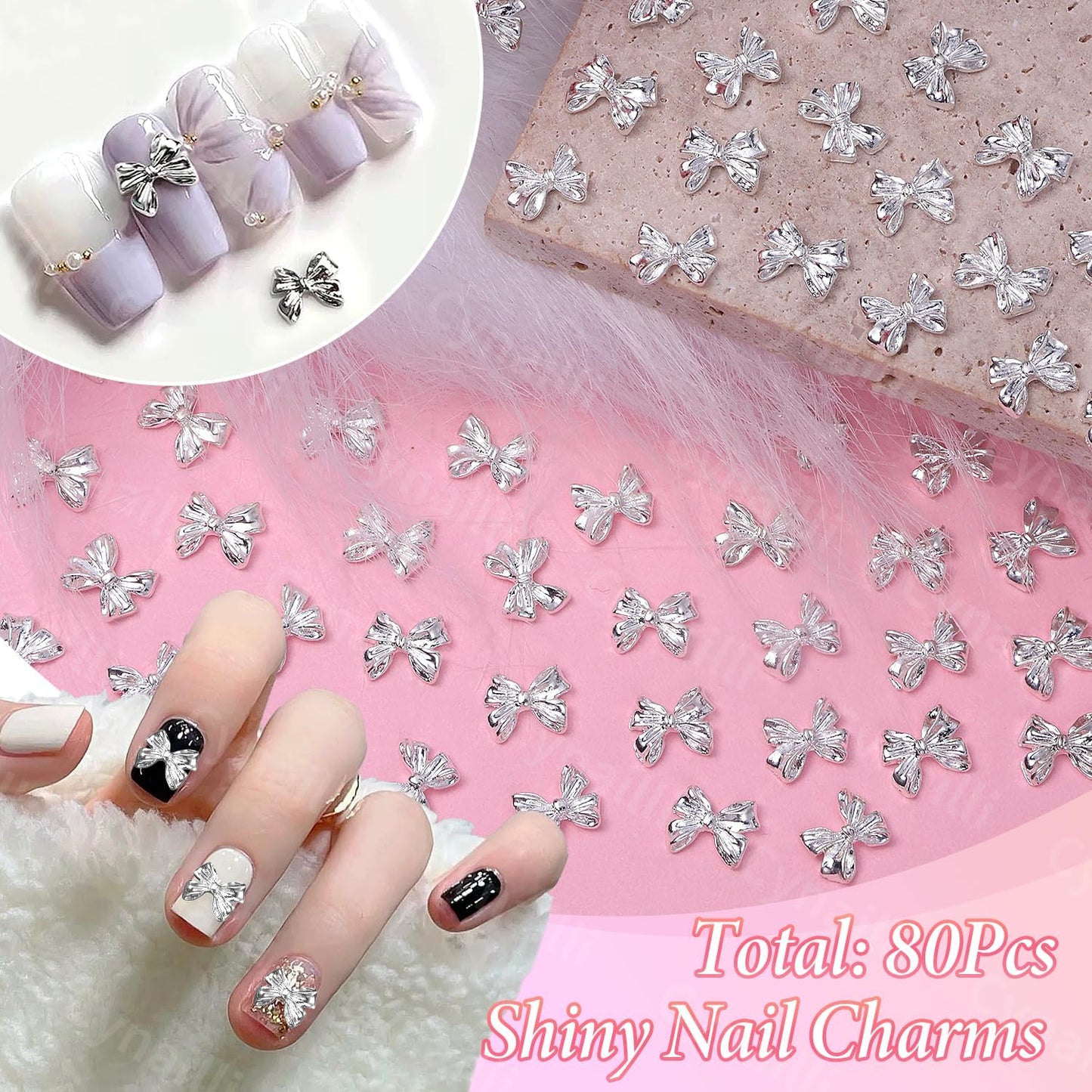 80 Pcs Silver Alloy Bow Nail Charms, 3D Metal Bowknot Nail Jewelry, Nail Art Design DIY Accessories
